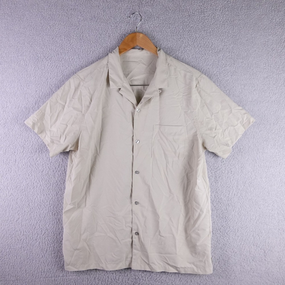 Vuori Seaport Mens Short Sleeve Button Down Shirt Beige Loop Camp Collar Large